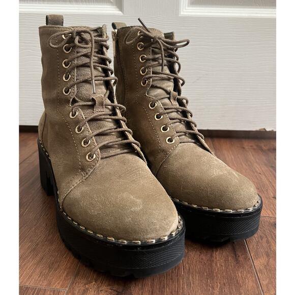 VINCE CAMUTO Mecale Taupe Suede Lace-Up Combat Hiking Boots - Picture 1 of 14